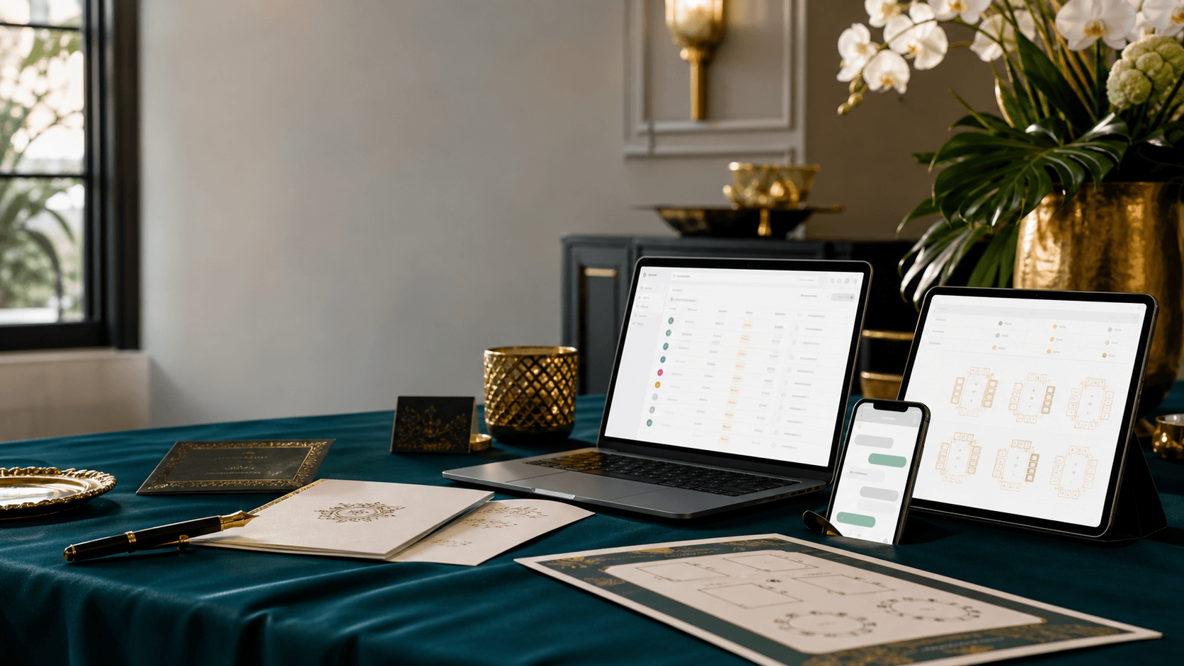 Un bureau haut de gamme d’opérations événementielles avec écrans de liste d’invités, cartons d’invitation, plan de table et téléphone de messagerie.